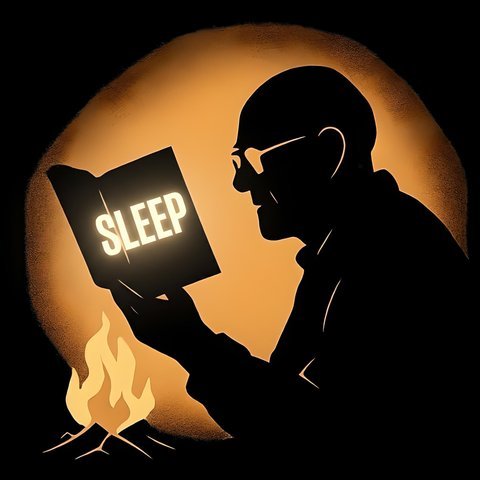 The show art of Sleepy Wisdom, the Grandpa Huxley podcast: a man reading a glowing book beside a small fire